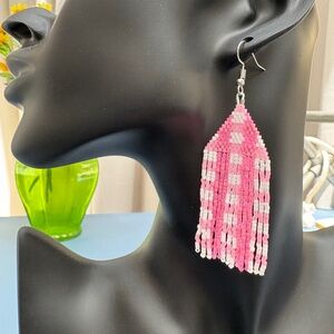 Gorgeous Plaid Fringe Earrings (Dangle, Miyuki, Multi-Colored, Pink, White)